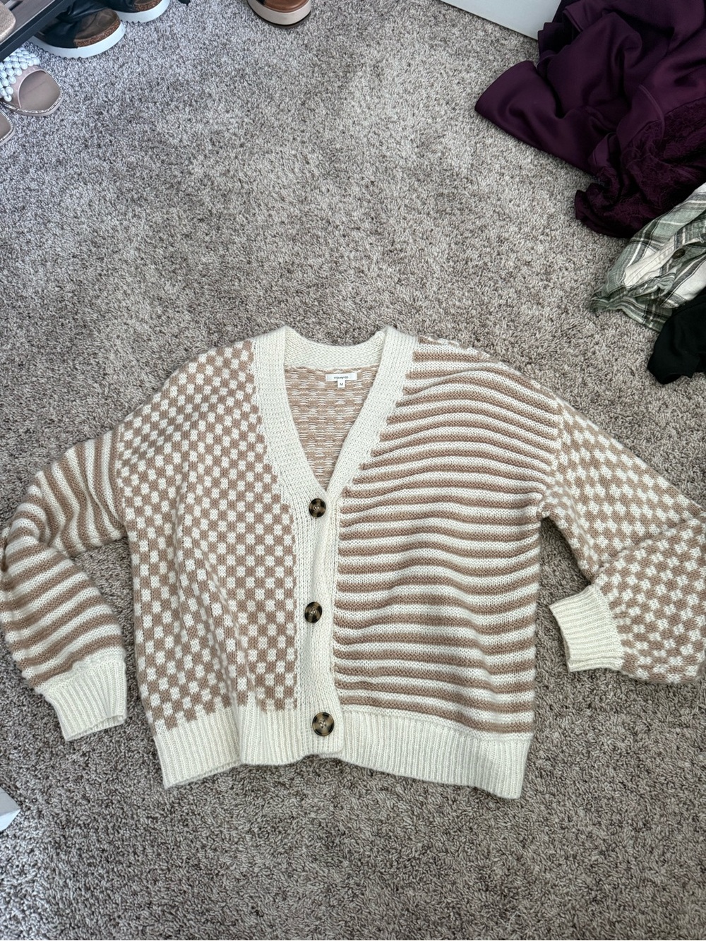 Maurices Cream and Beige Mixed-Pattern Button Cardigan